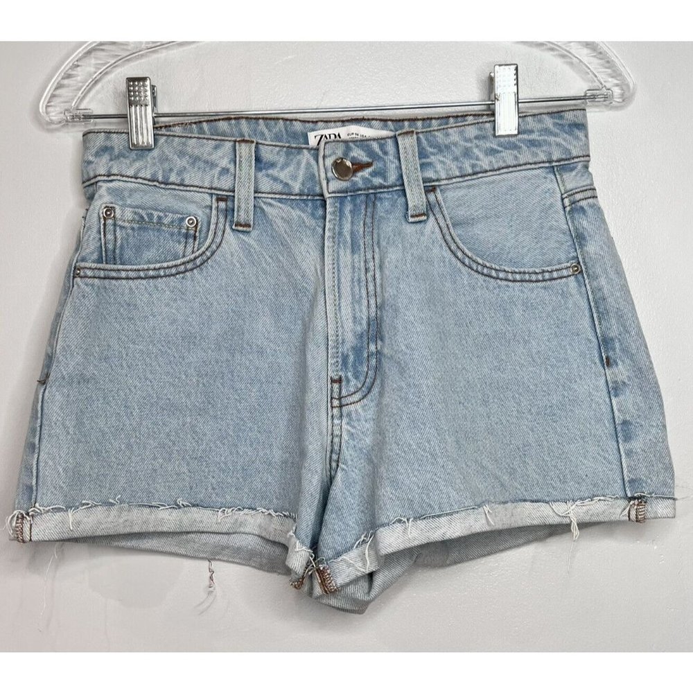 Zara Jean Denim Shorts Womens Size 4 High Rise Rolled Hem Distressed Light Wash
